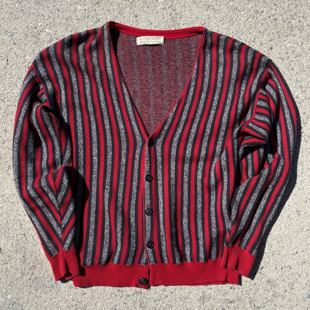 Waterfront Workshop Mens Striped Cardigan Sweater Red Black Grey‎ Button Up